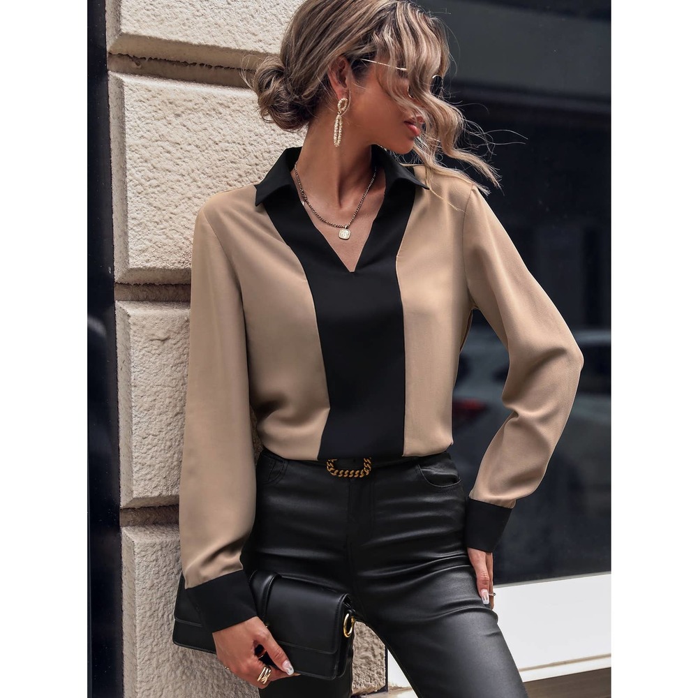 Colorblock Contrast Collar Blouse long sleeve business casual tan black